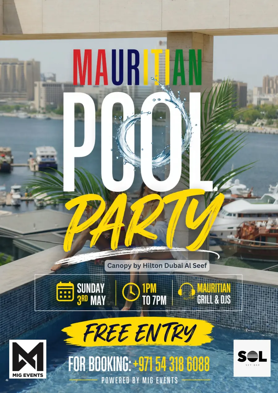 Flyer for the Mauritian Pool Party, powered by MIG Events at Canopy by Hilton Dubai Al Seef with SOL Sky Bar